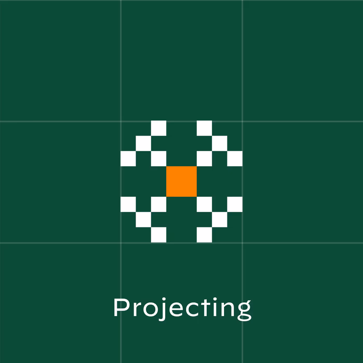 Projecting capability icon with orange square in dense white pixel pattern on green background