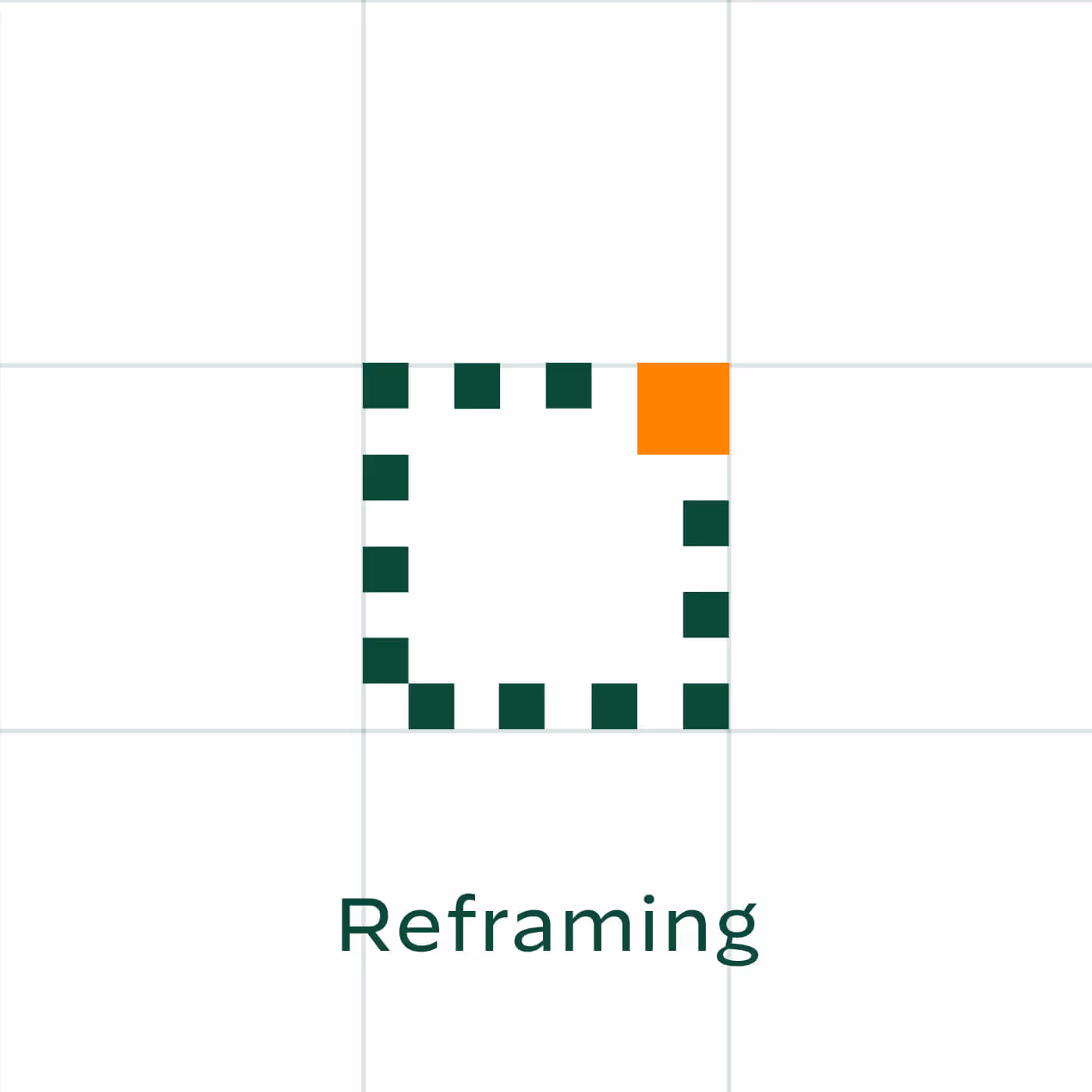 Reframing capability icon with orange square offset in green pixel square on white grid