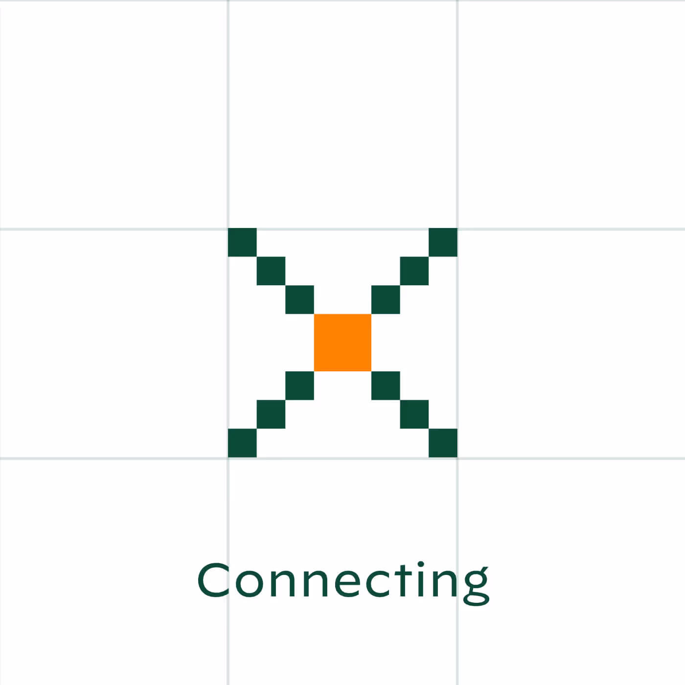 Connecting capability icon with orange square at center of green pixel X formation on white grid
