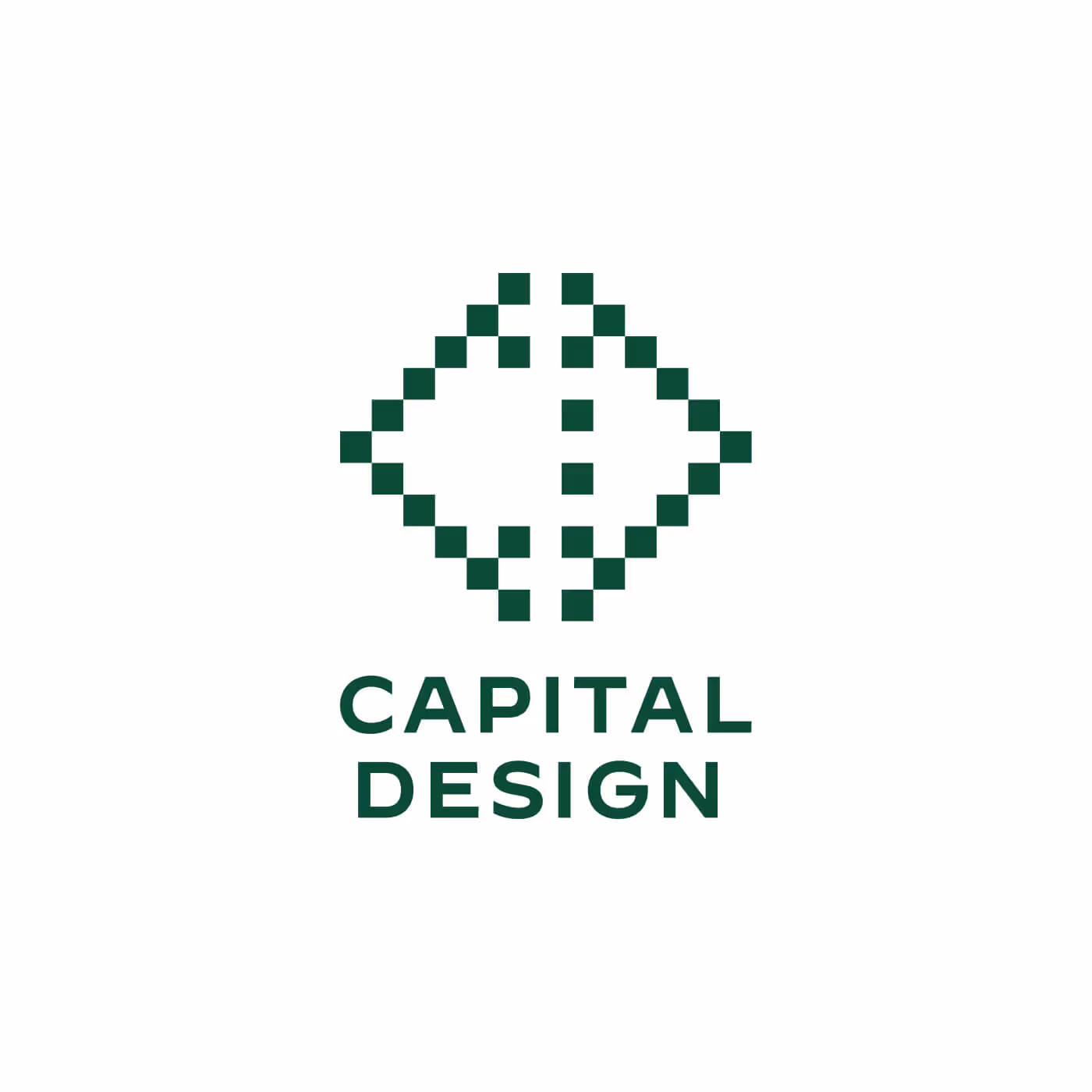 Capital Design stacked logo with white pixelated diamond icon on green background