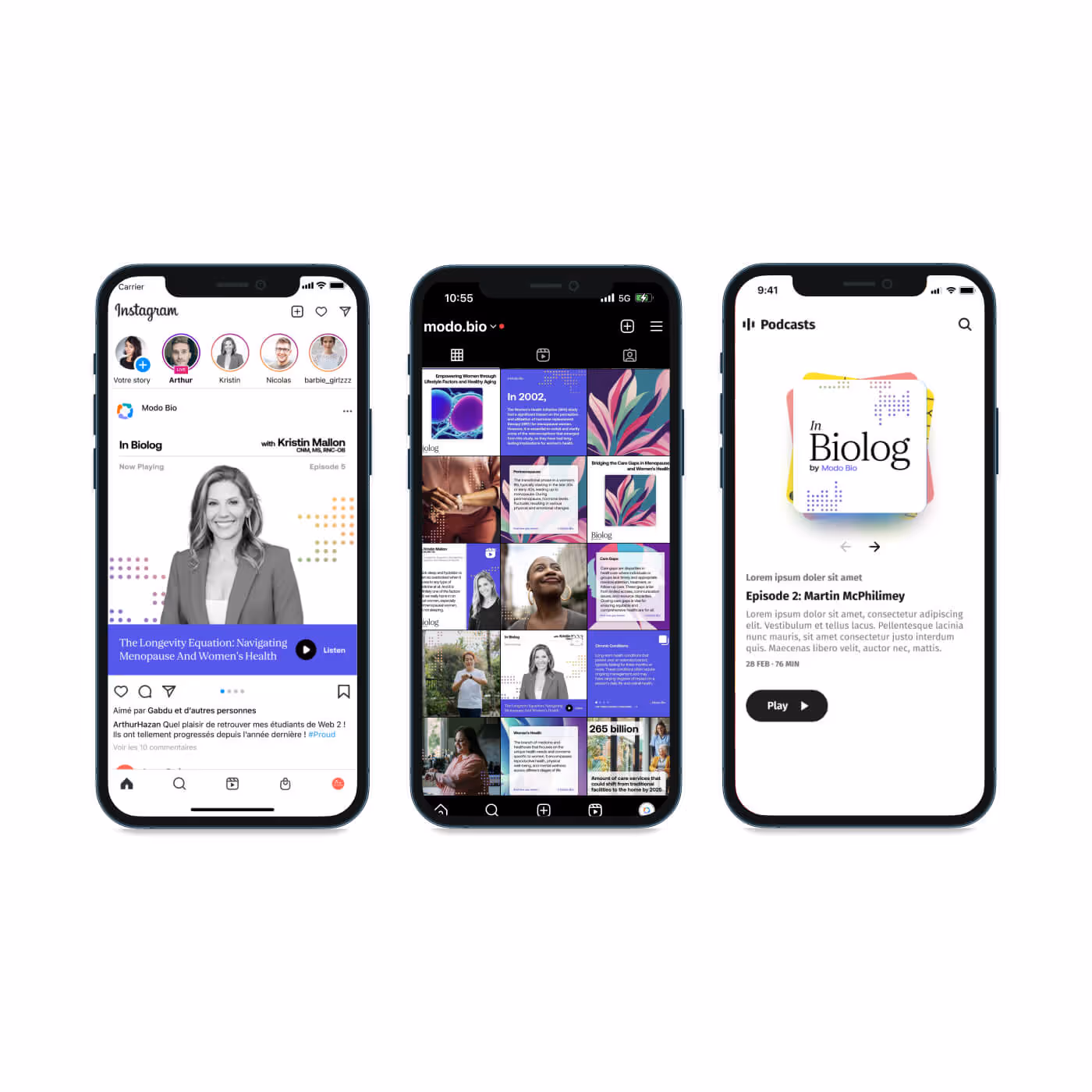 Three mobile phones displaying Modo Bio's Instagram feed, website interface, and podcast app with purple branding and health technology content