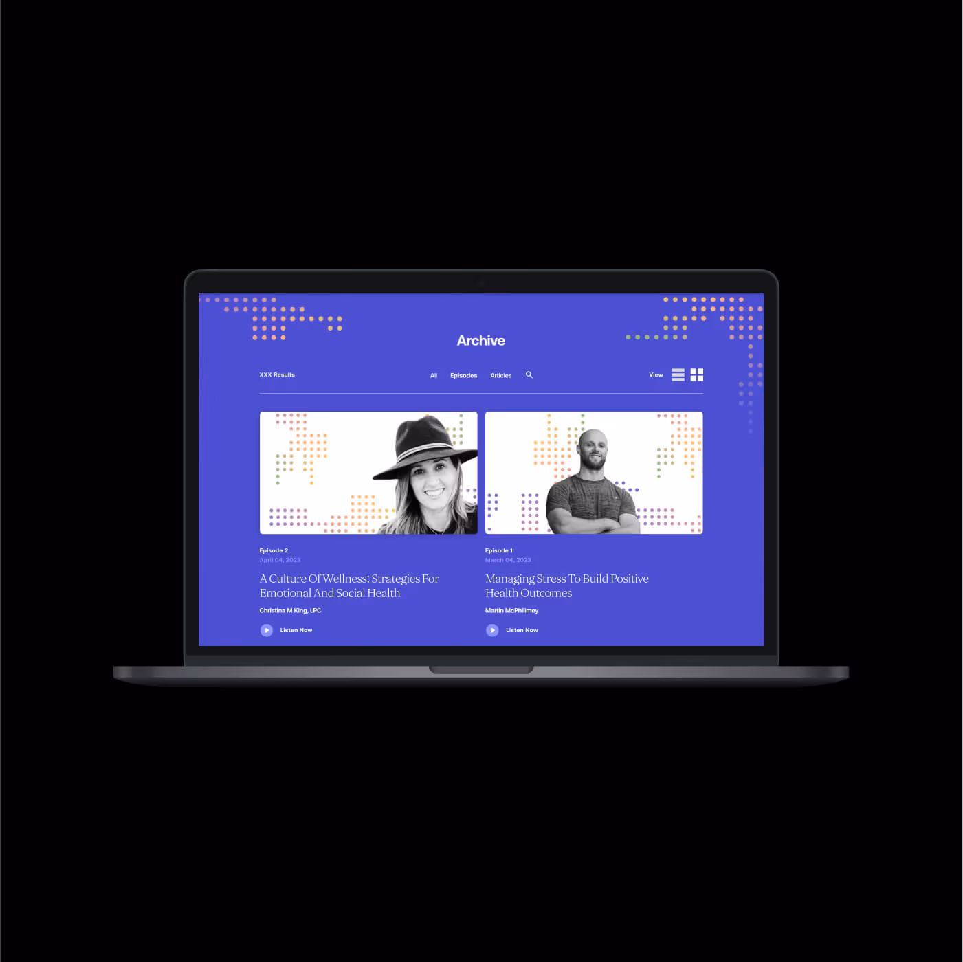 Modo Bio blog archive page with purple gradient background displaying multiple health and wellness articles