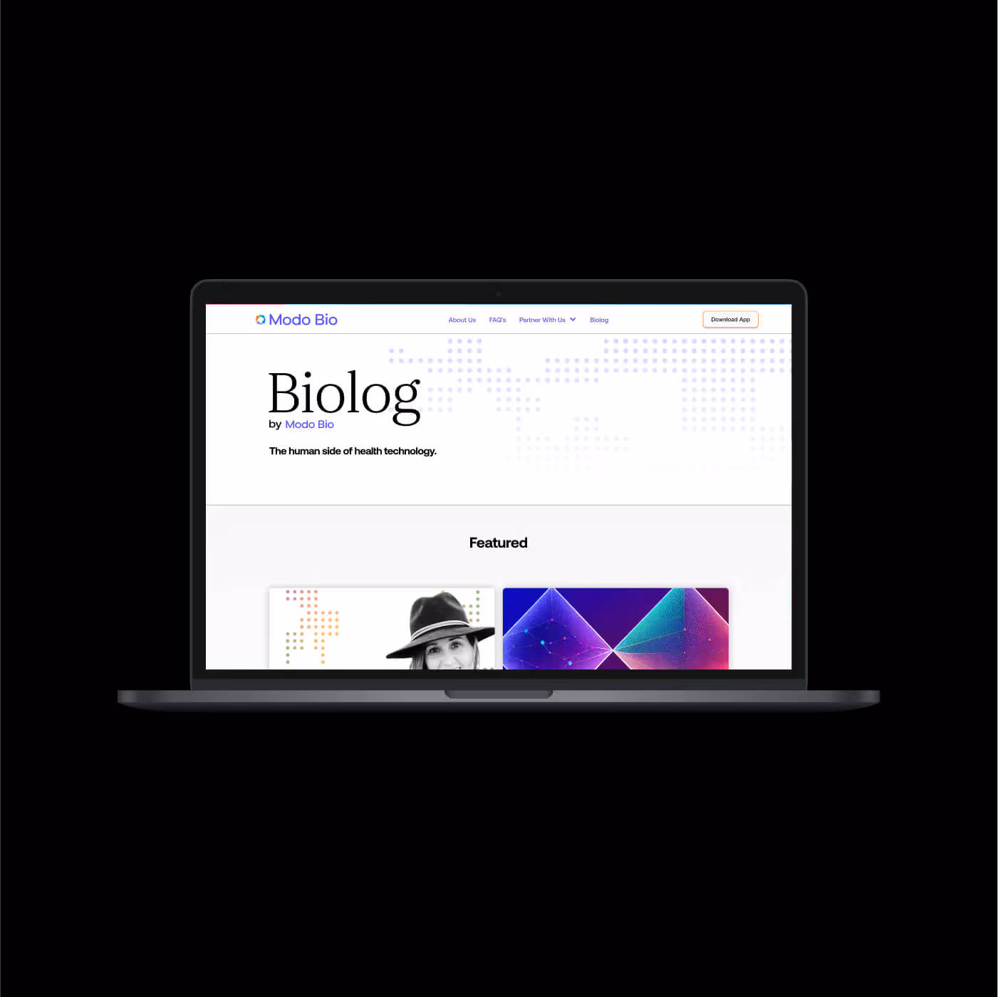Biolog by Modo Bio website homepage displaying The Human side of health technology tagline with featured articles