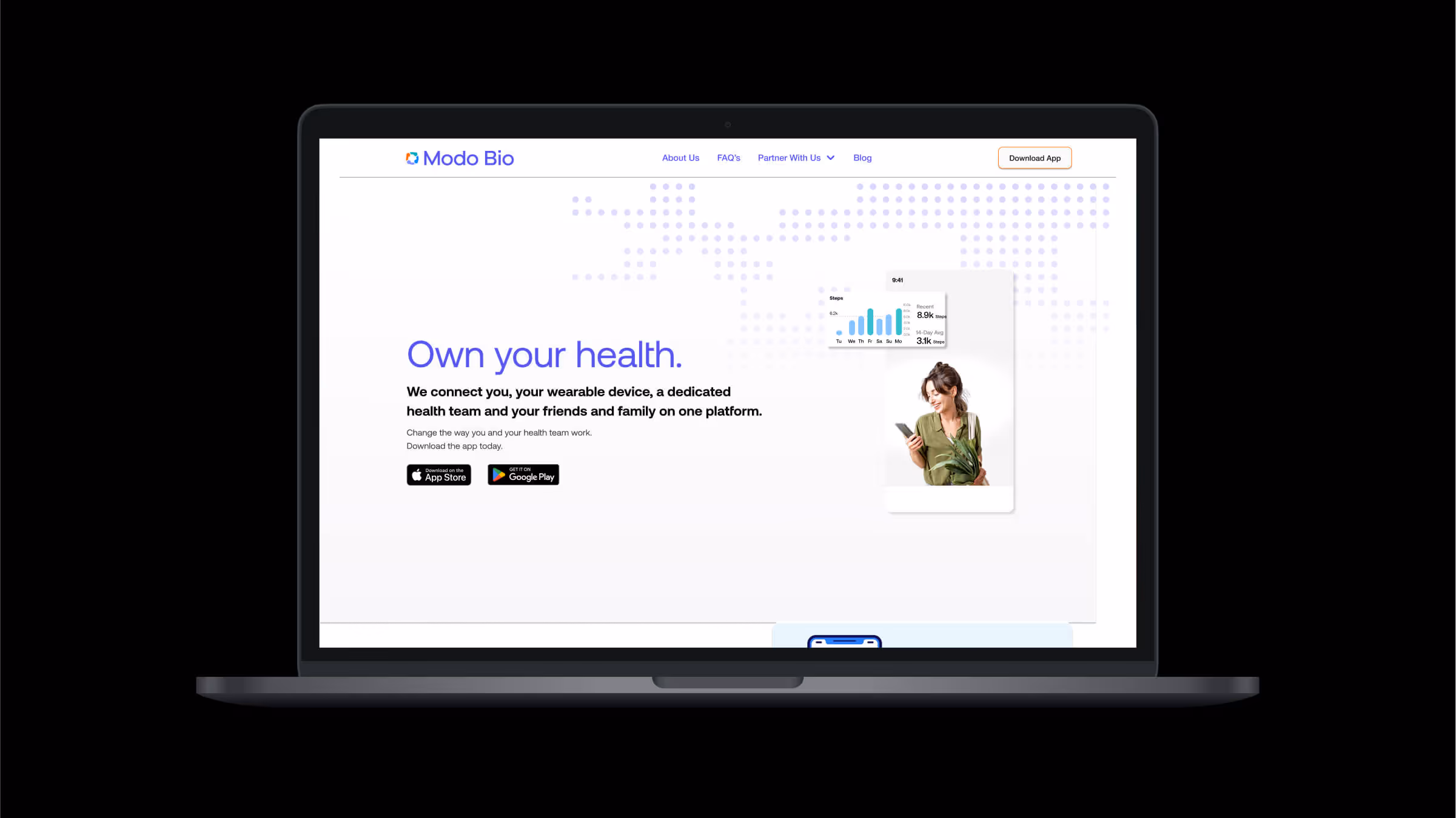 Modo Bio website homepage on laptop displaying Own your health tagline with health data visualization