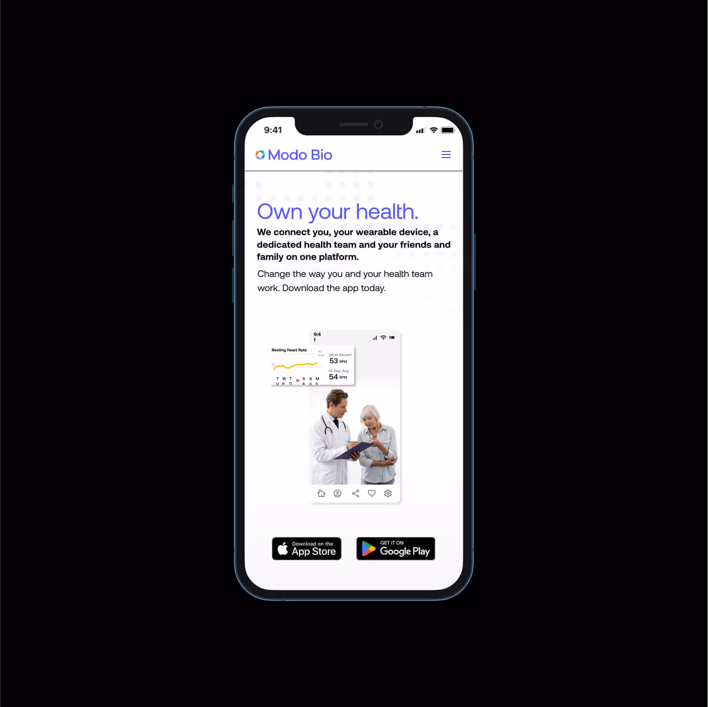 Modo Bio mobile website displaying Own your health tagline with health data visualization and doctor-patient imagery