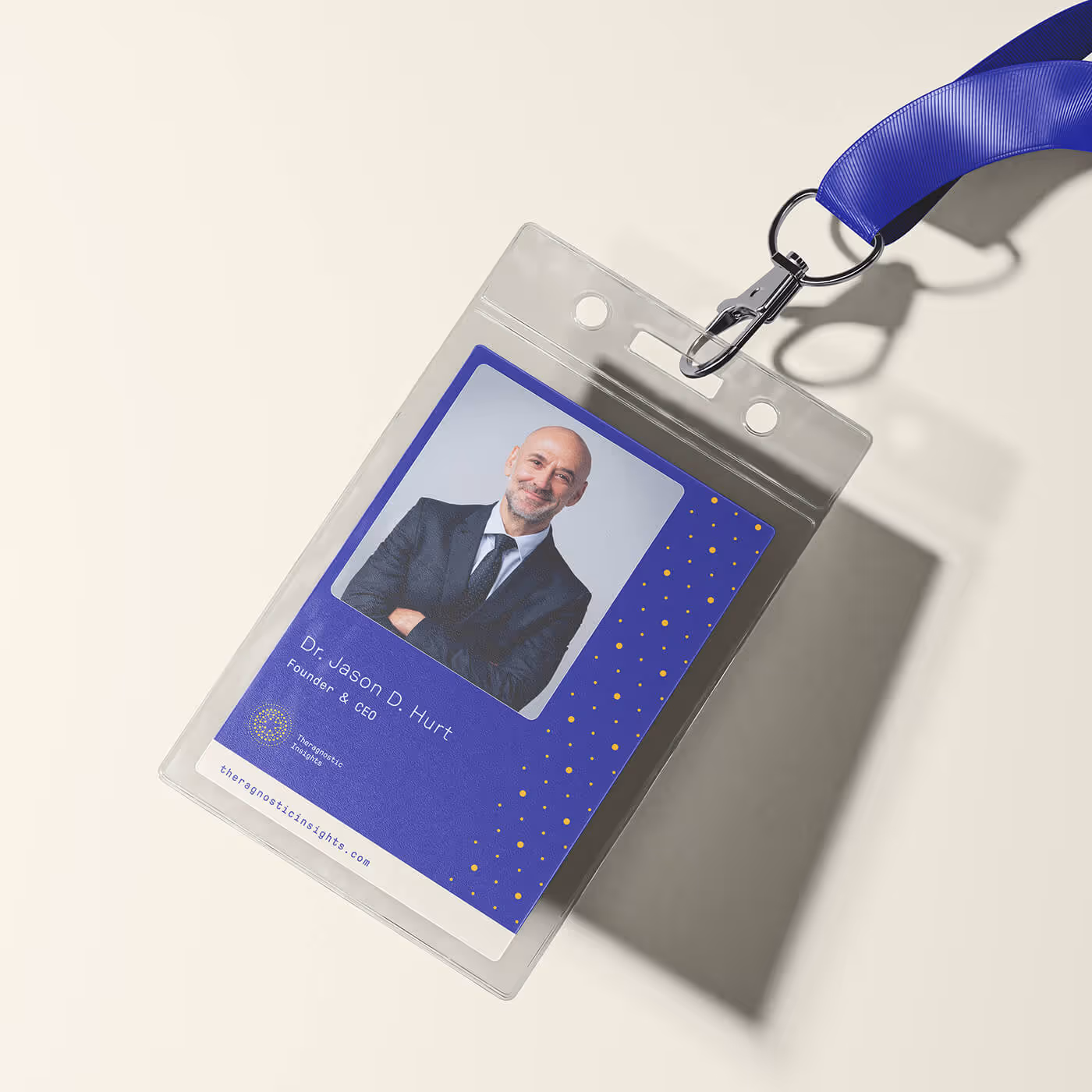 Theragnostic Insights conference badge with blue lanyard showing Dr. Jason D. Hurt Founder and CEO