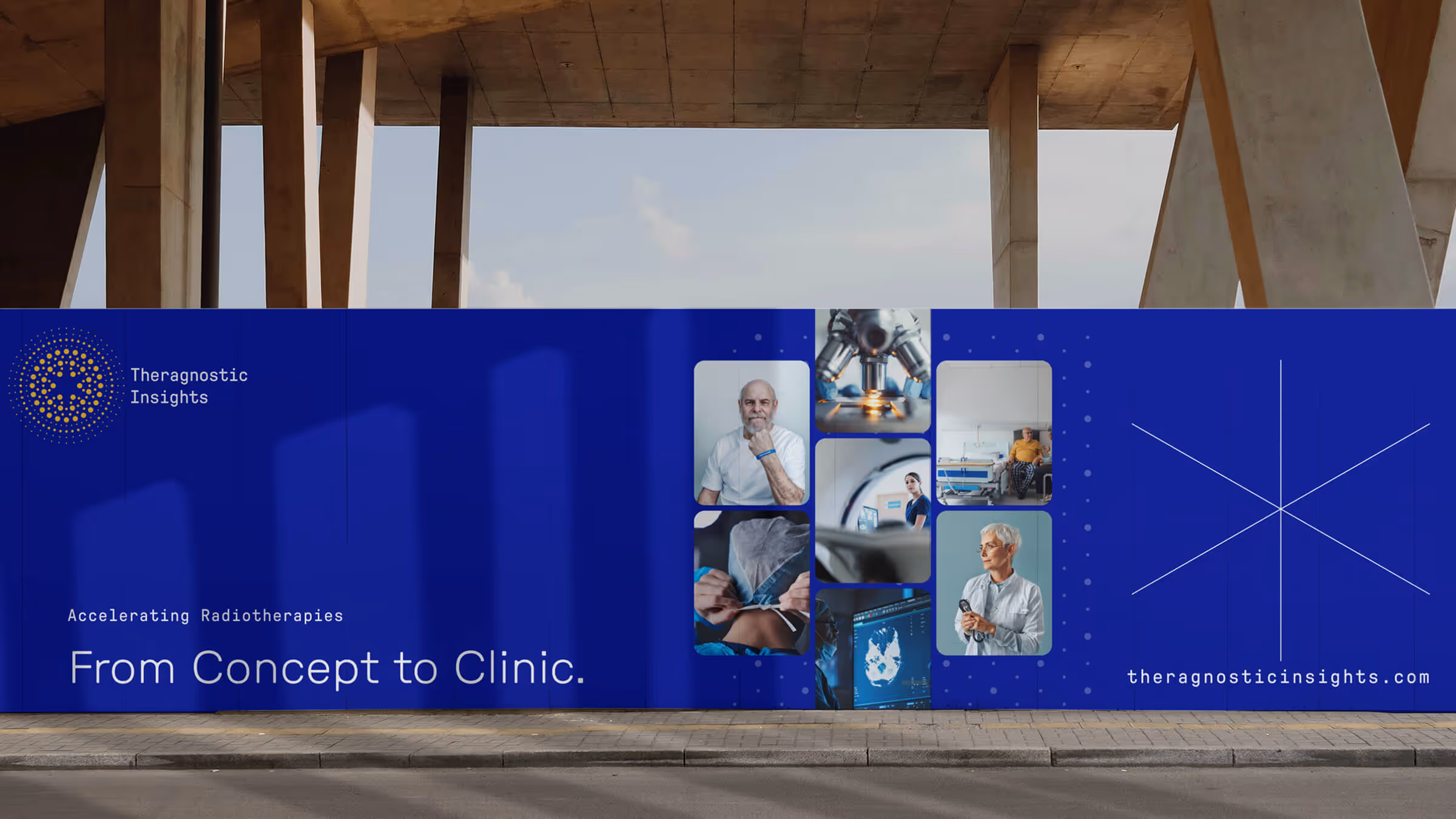 Billboard for Theragnostic Insights showing a collage of healthcare professionals and medical imaging, with the text 'Accelerating Radiotherapies: From Concept to Clinic' on a blue background