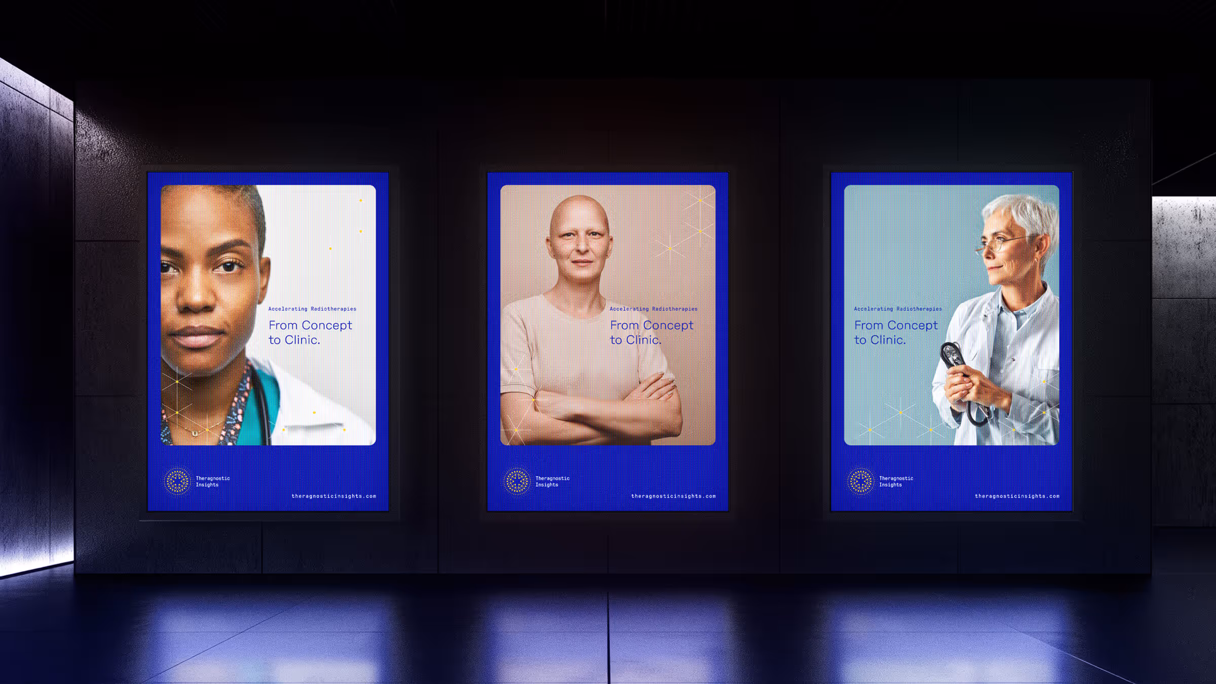 Three large digital displays in dark tunnel-like space showing Theragnostic Insights "From Concept to Clinic" campaign posters featuring diverse medical professionals with blue framing