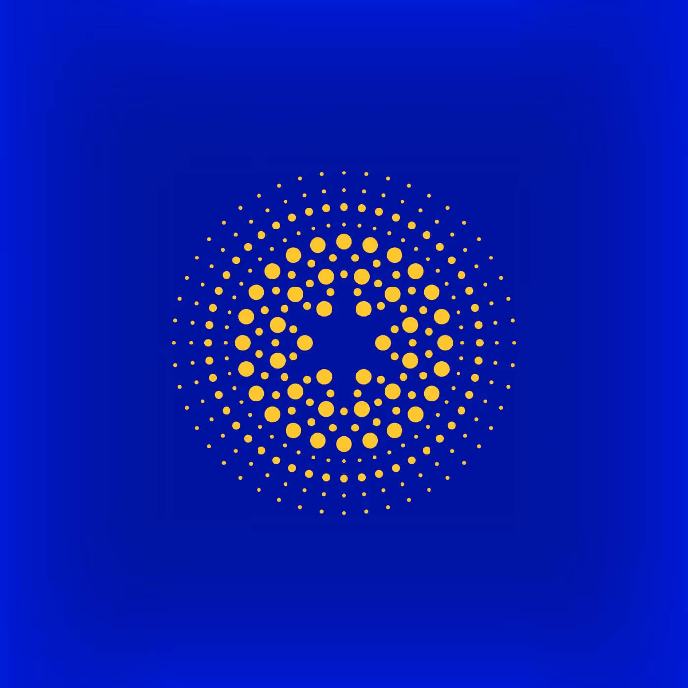 Theragnostic Insights radiating dot pattern logo in gold on blue background, featuring central star with concentric circles of varying sized dots emanating outward