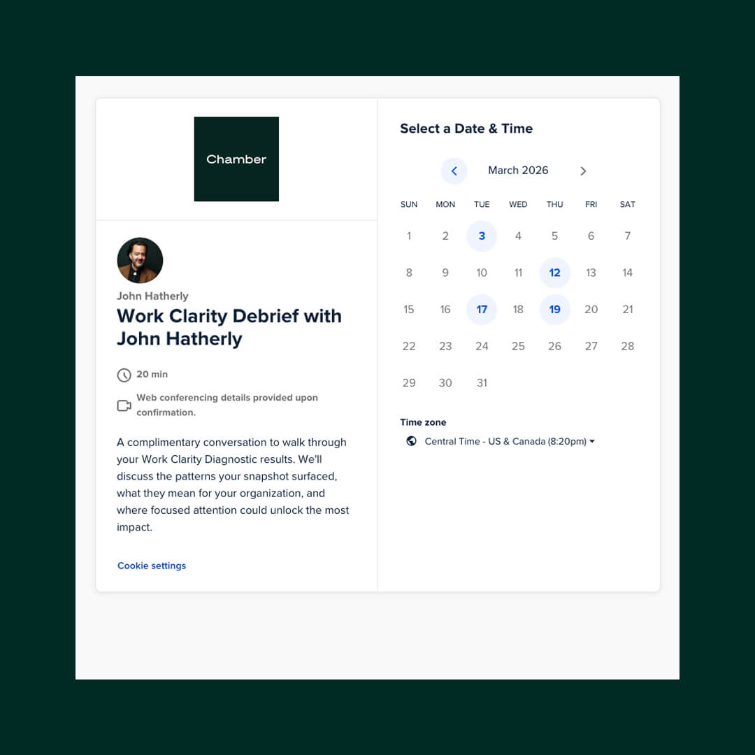 Scheduling interface for a Work Clarity Debrief with John Hatherly, showing available dates in March 2026 and Central Time zone selection.