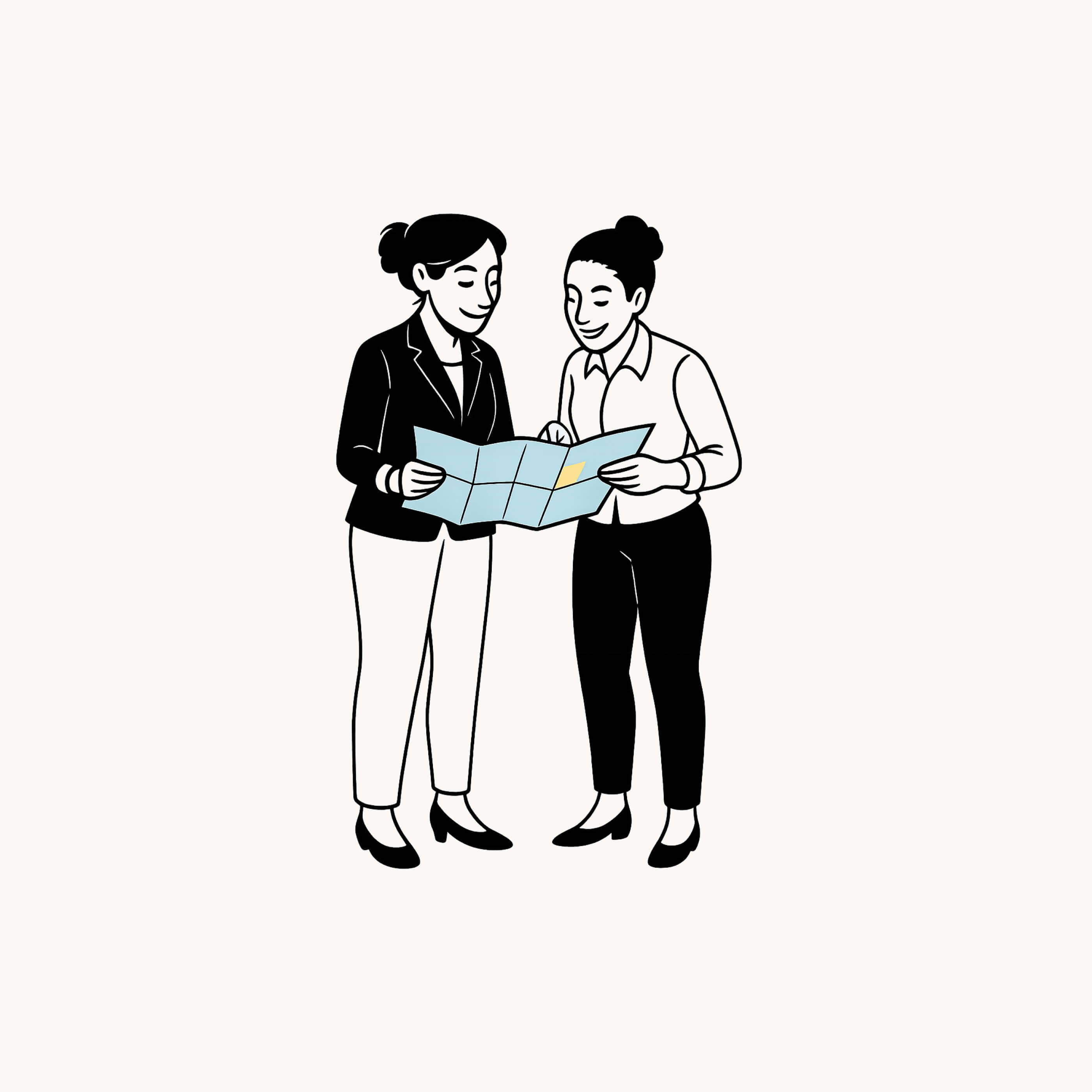 Illustration of two women standing and looking at a folded map together.