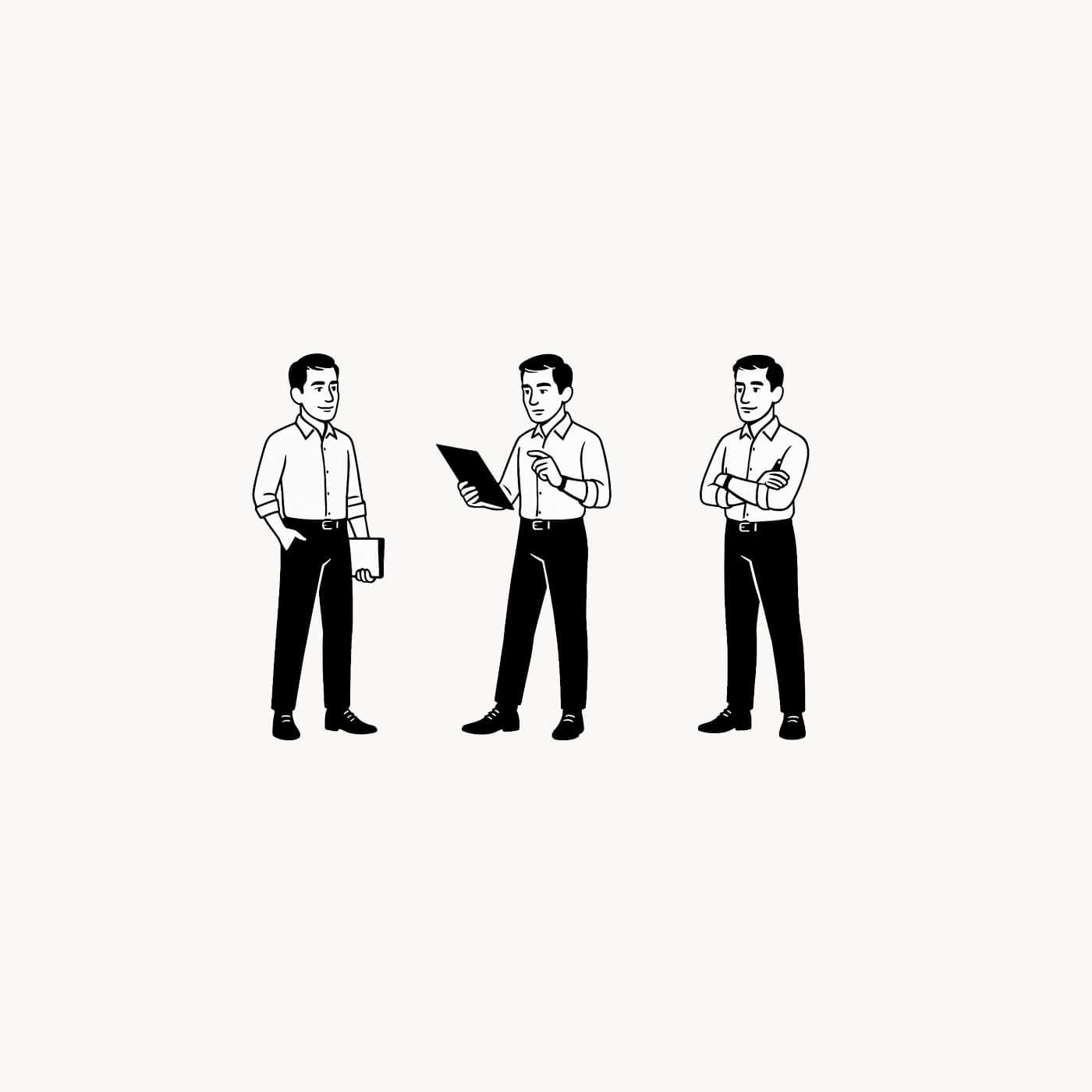 Illustration of three men in white shirts and black pants; one holding a folder, one pointing at a clipboard, and one standing with arms crossed.