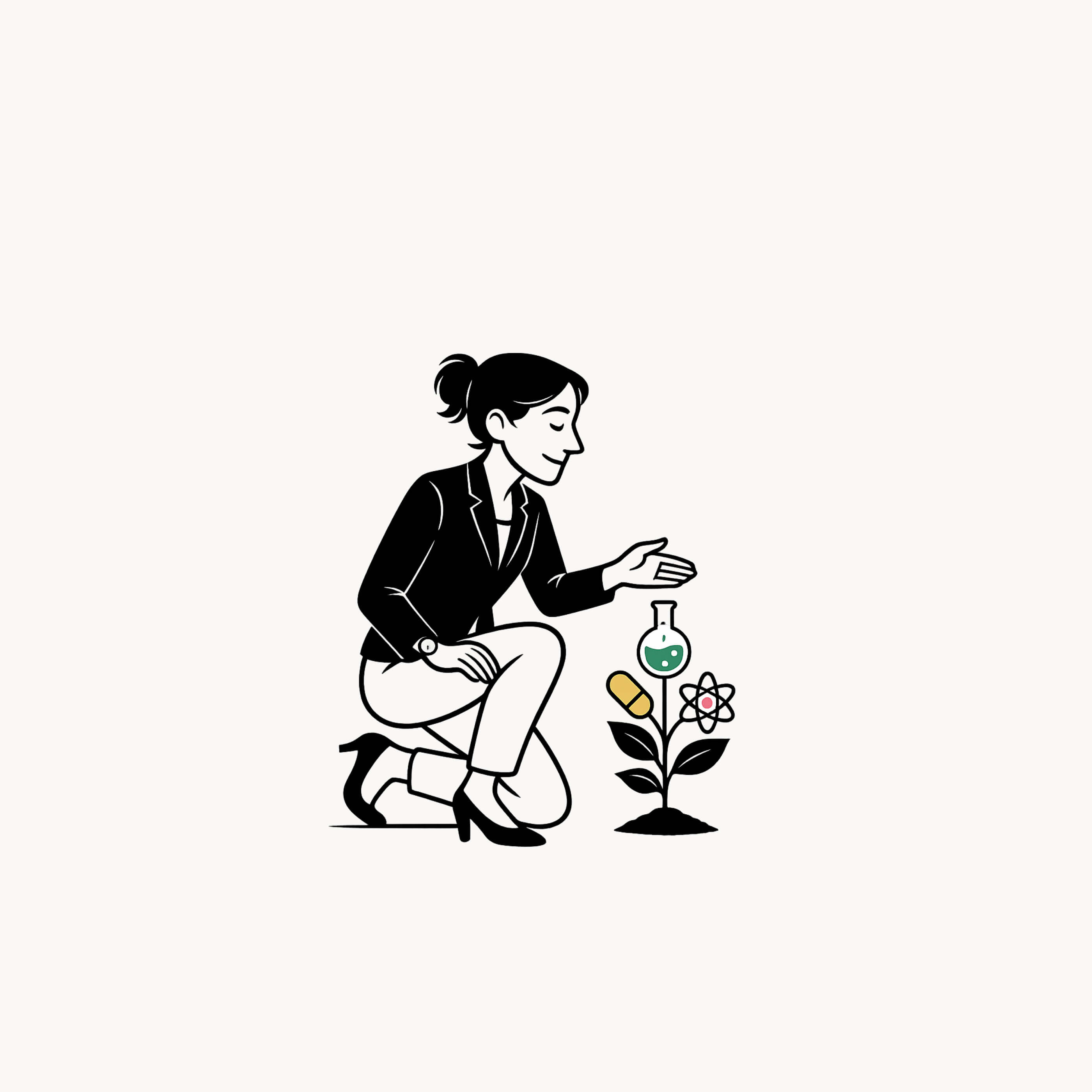 Illustration of a woman kneeling, gesturing toward a plant with scientific symbols including a flask, pill, and atom.