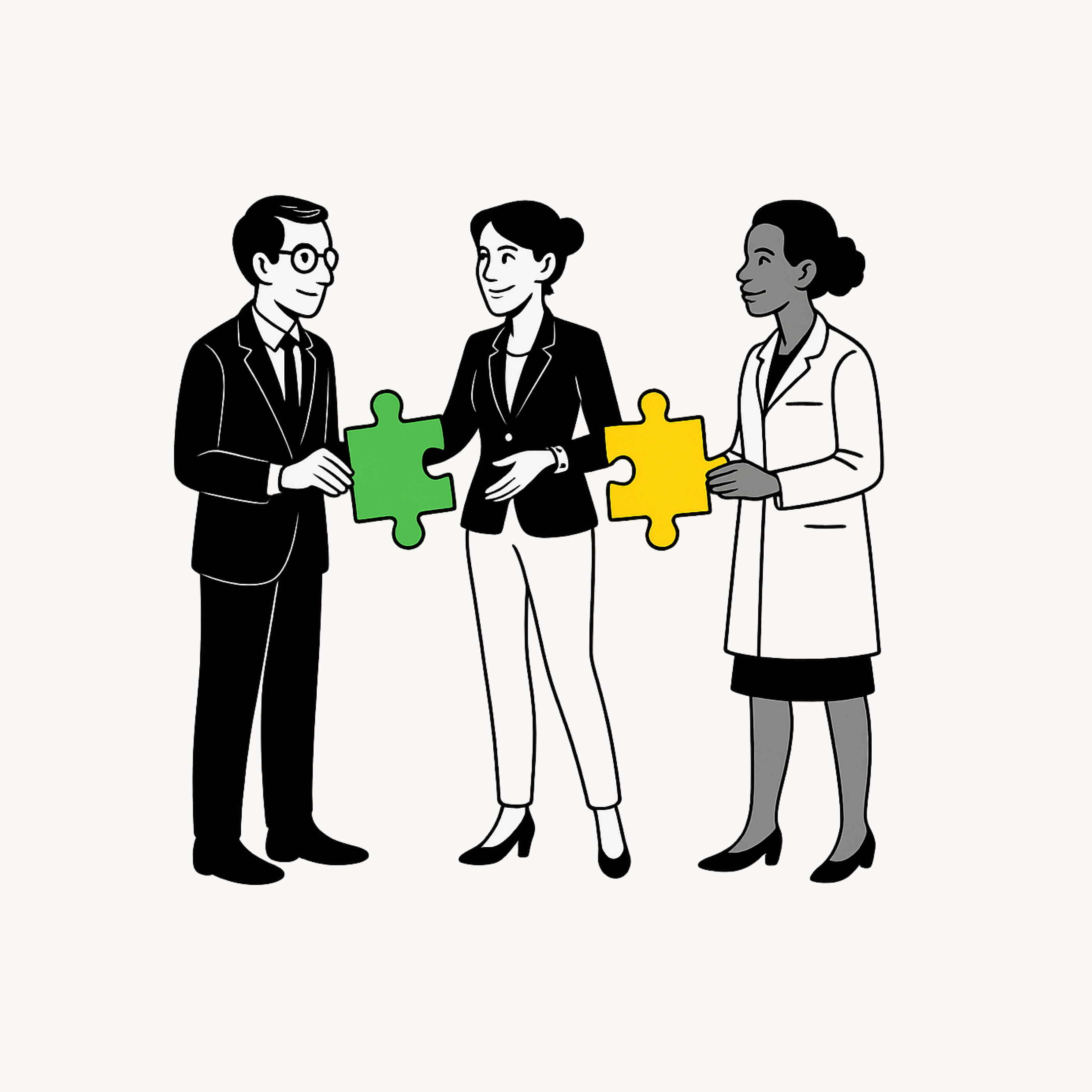 Three business professionals holding green and yellow puzzle pieces, symbolizing teamwork and collaboration.