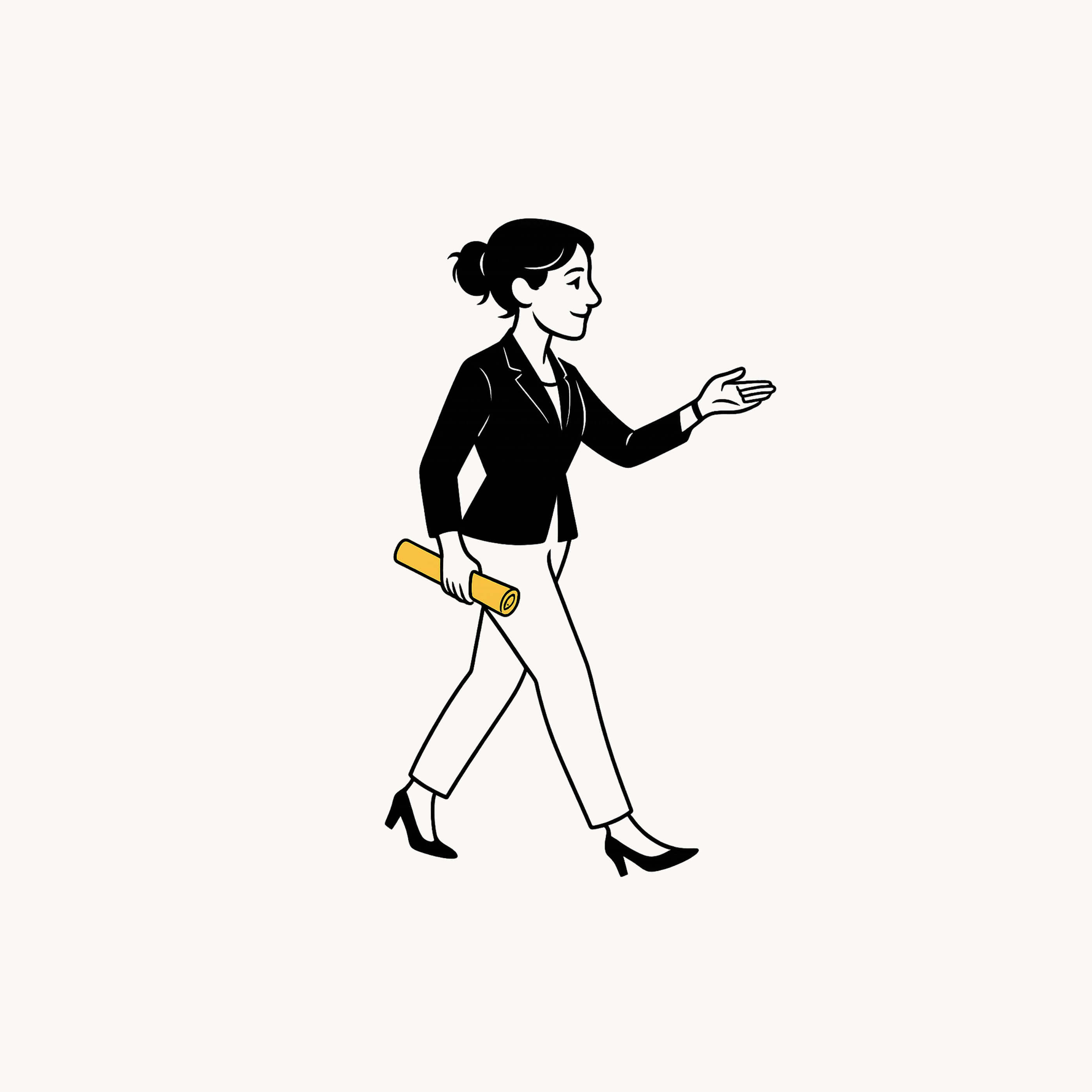 Illustration of a woman in a black blazer and white pants walking confidently while holding a rolled yellow document.