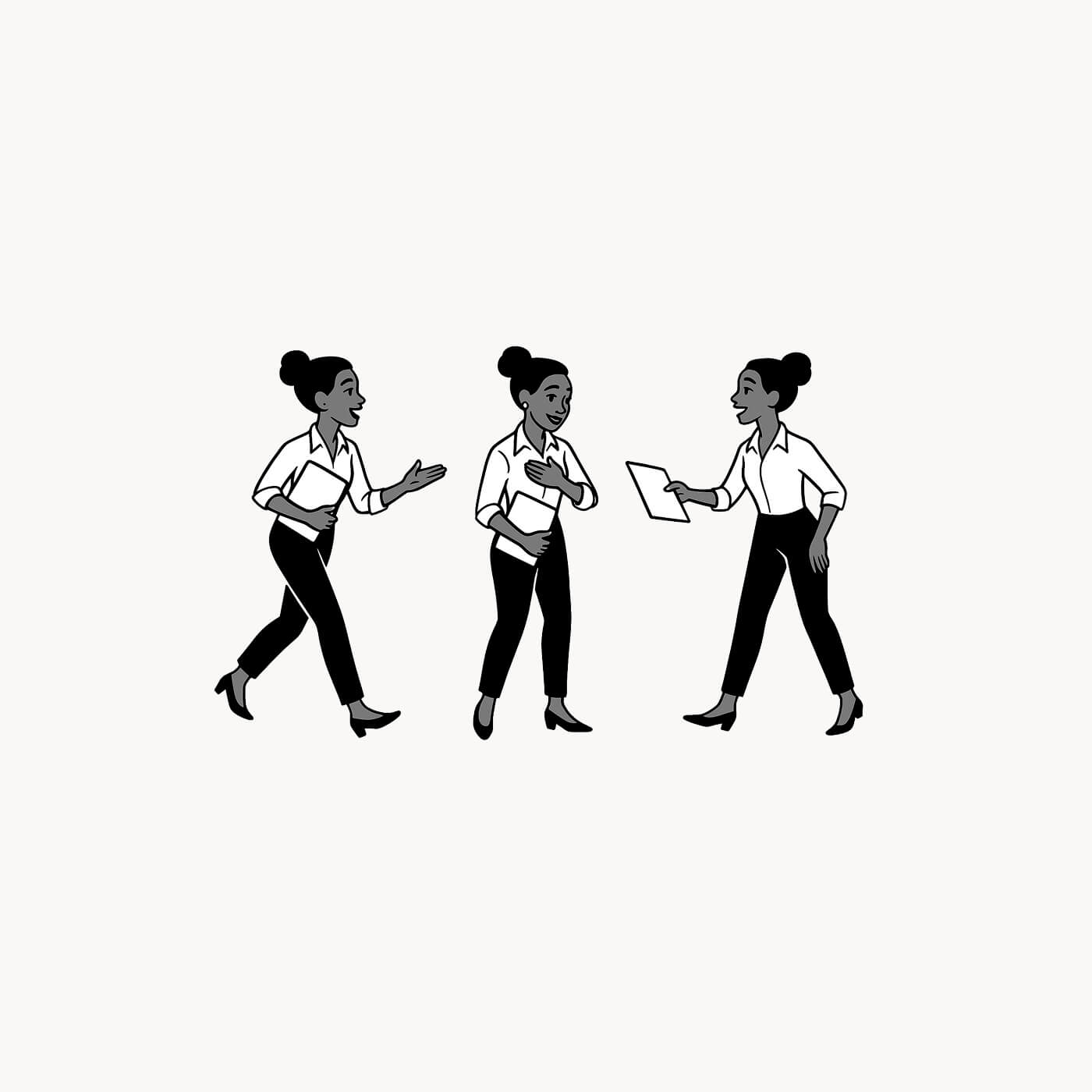Illustration of a woman in business attire holding a folder, shown in three different poses: walking, expressing surprise with a hand on her chest, and handing a document.