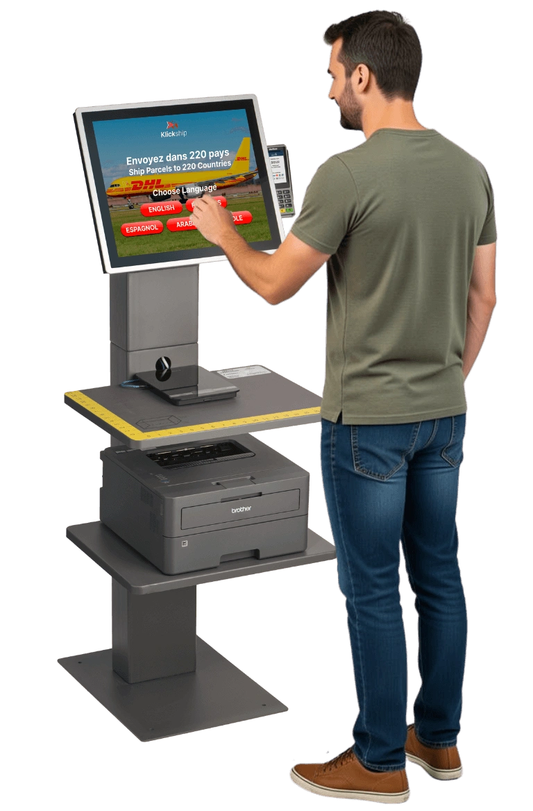 Image of a man using a Klickship kiosk on the homepage he is going to ship with DHL Express international or GLS for national or Canpar for domestic
