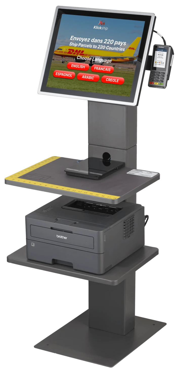 Transparent Klickship Kiosk on homepage showing DHL shippment for international DHL Express