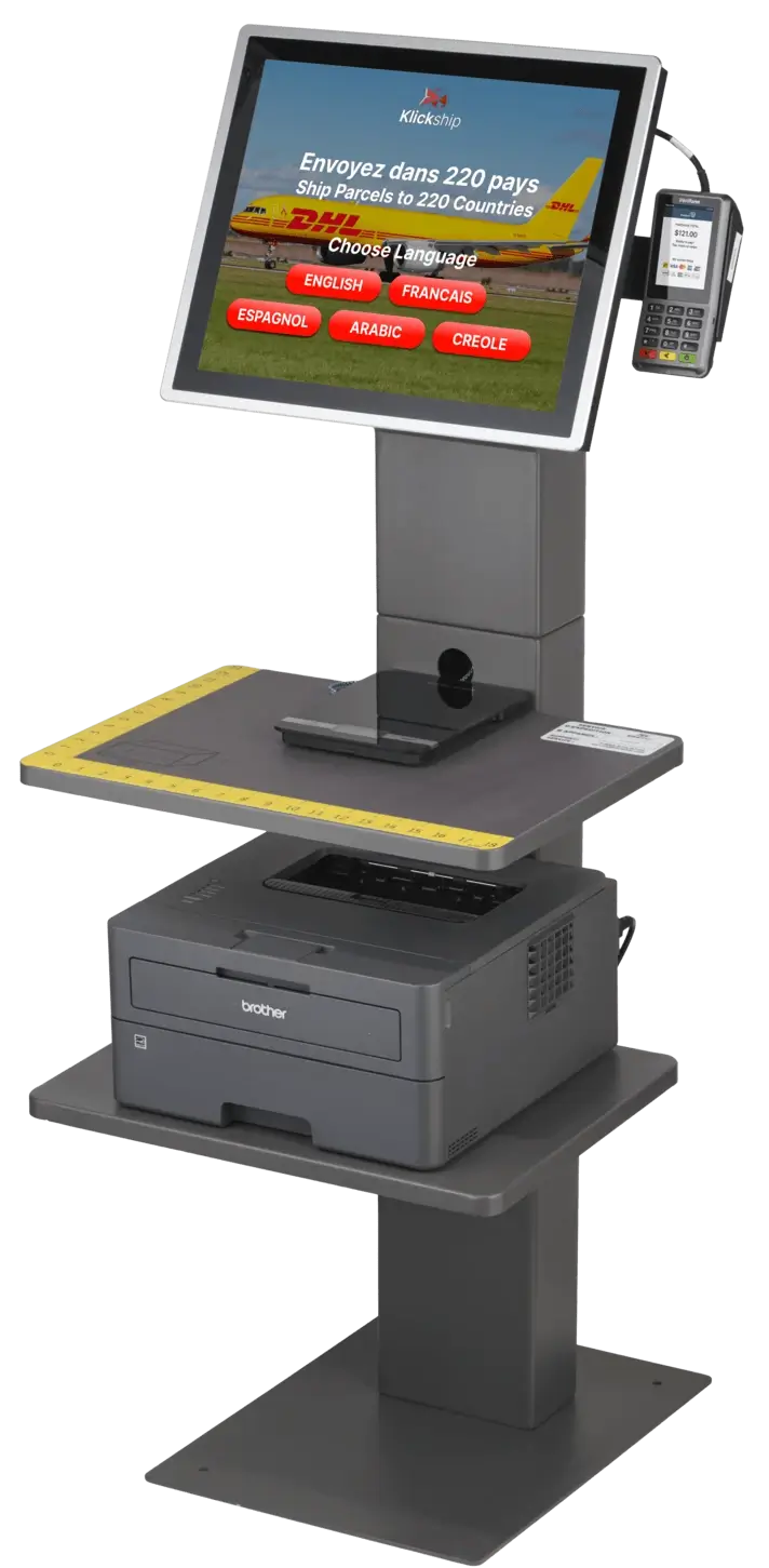 Transparent Klickship Kiosk on homepage showing DHL shippment for international DHL Express
