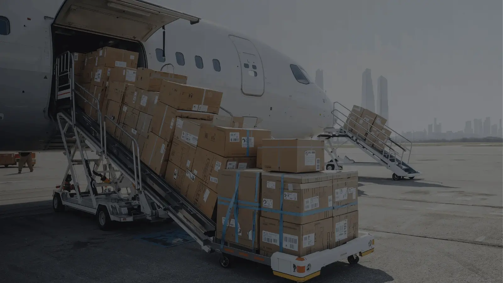 A Shipping plane for internaitonal shipping plane shown receiving boxes to be shipped