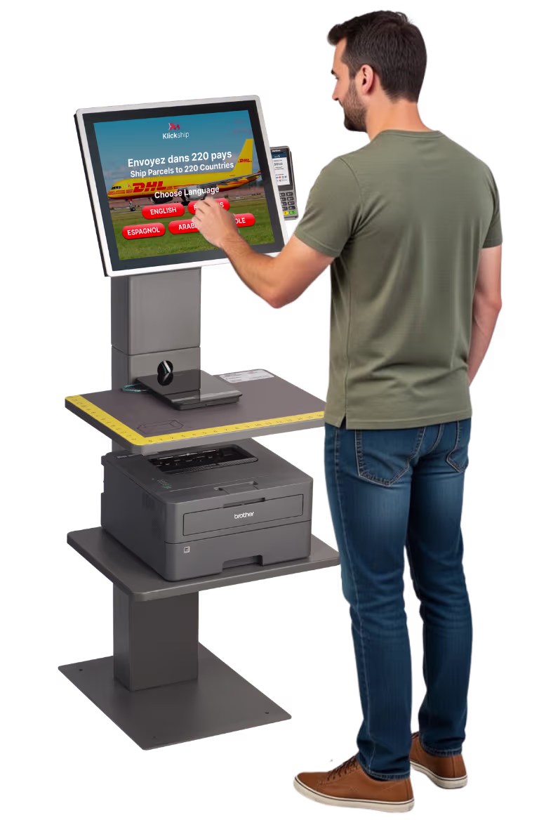 Image of a man using a Klickship kiosks most likely to ship something with DHL Express internationally