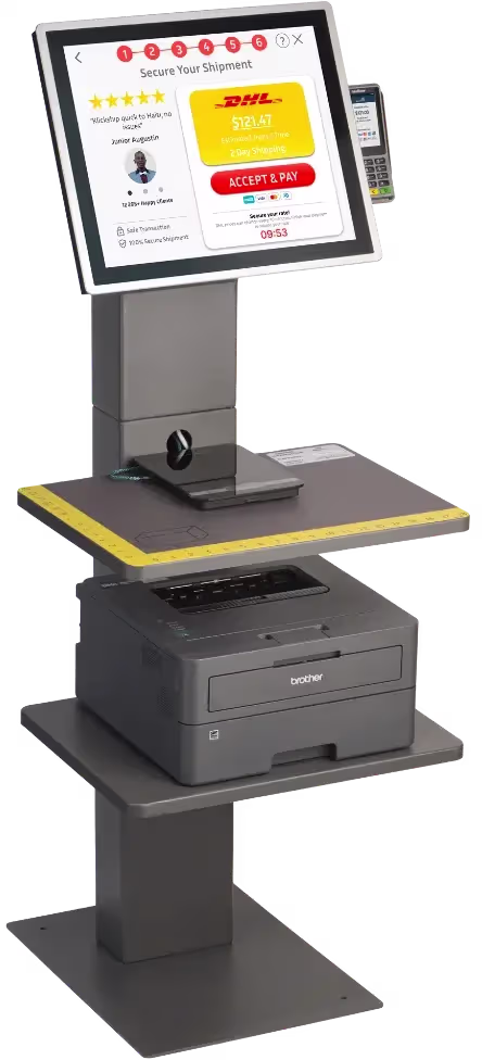 Image of a Klickship kiosk on the payment page were a user is using DHL shipping to Haiti