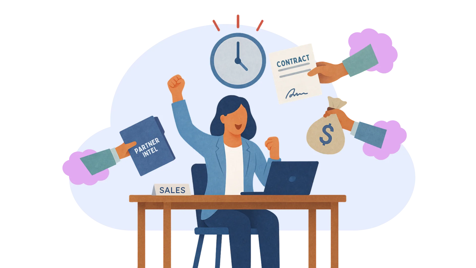 A seller at their desk celebrating as partner intel, a signed contract, and revenue arrive