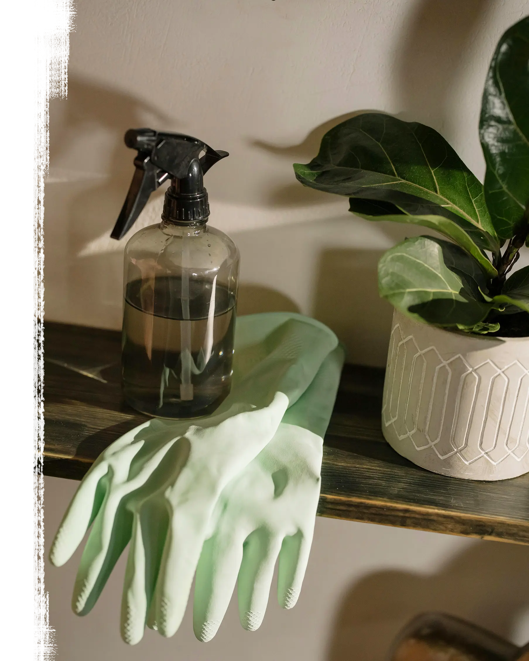 A spray bottle and pair of mint green gloves rest on a wooden shelf.