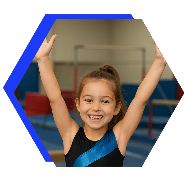 Young student in cheer class raising her hands