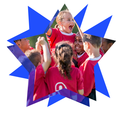 Children in red sports jerseys celebrating together inside a blue star-shaped frame.