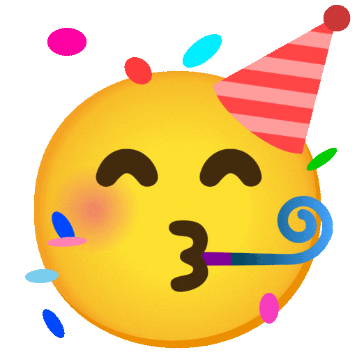 Yellow smiling emoji wearing a red striped party hat blowing a blue party horn with colorful confetti around.