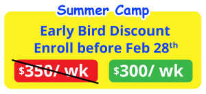 Summer Camp Early Bird Discount with original price $70 Day crossed out and new price $60 Day in green, enrollment before February 28th.