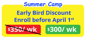 Summer Camp Early Bird Discount with original price $70 Day crossed out and new price $60 Day in green, enrollment before February 28th.