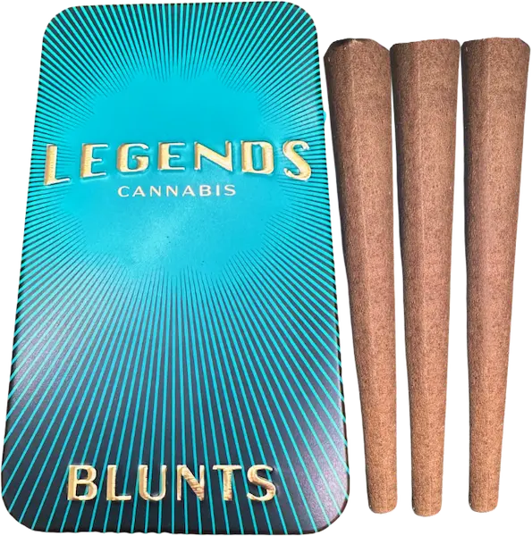 Legends Cannabis Blunts packaging alongside 3 blunts