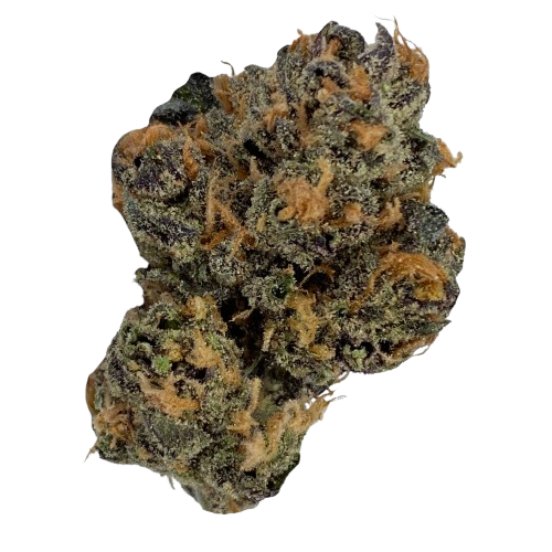Dense cannabis bud with green, purple hues and orange pistils covered in frosty trichomes.
