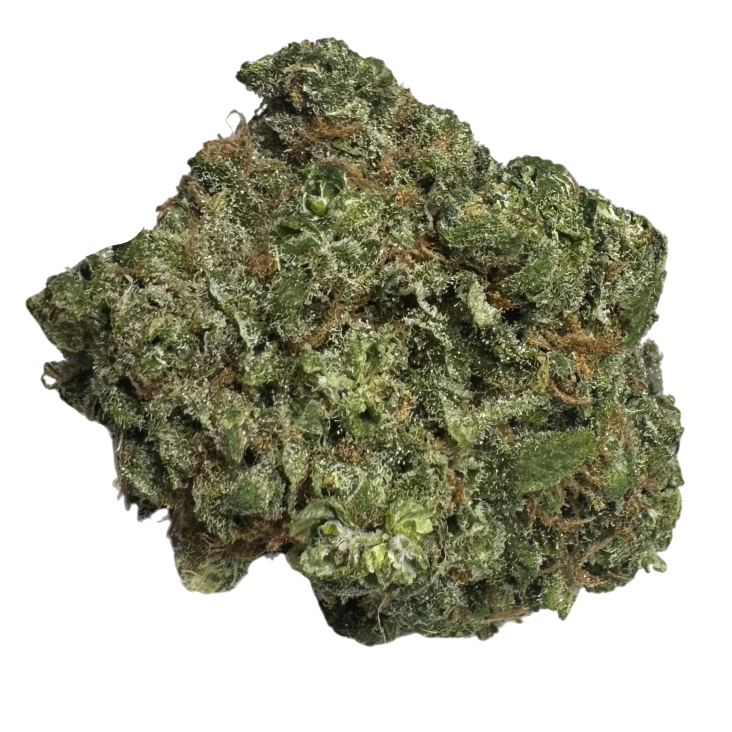 Green Legends Cannabis 1/8 oz. premium flower pack next to a cannabis bud with artistic glass cups below.