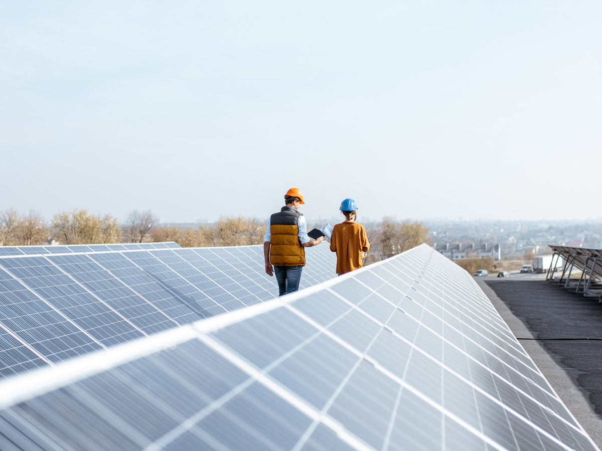 Two people walking between rows of solar panels