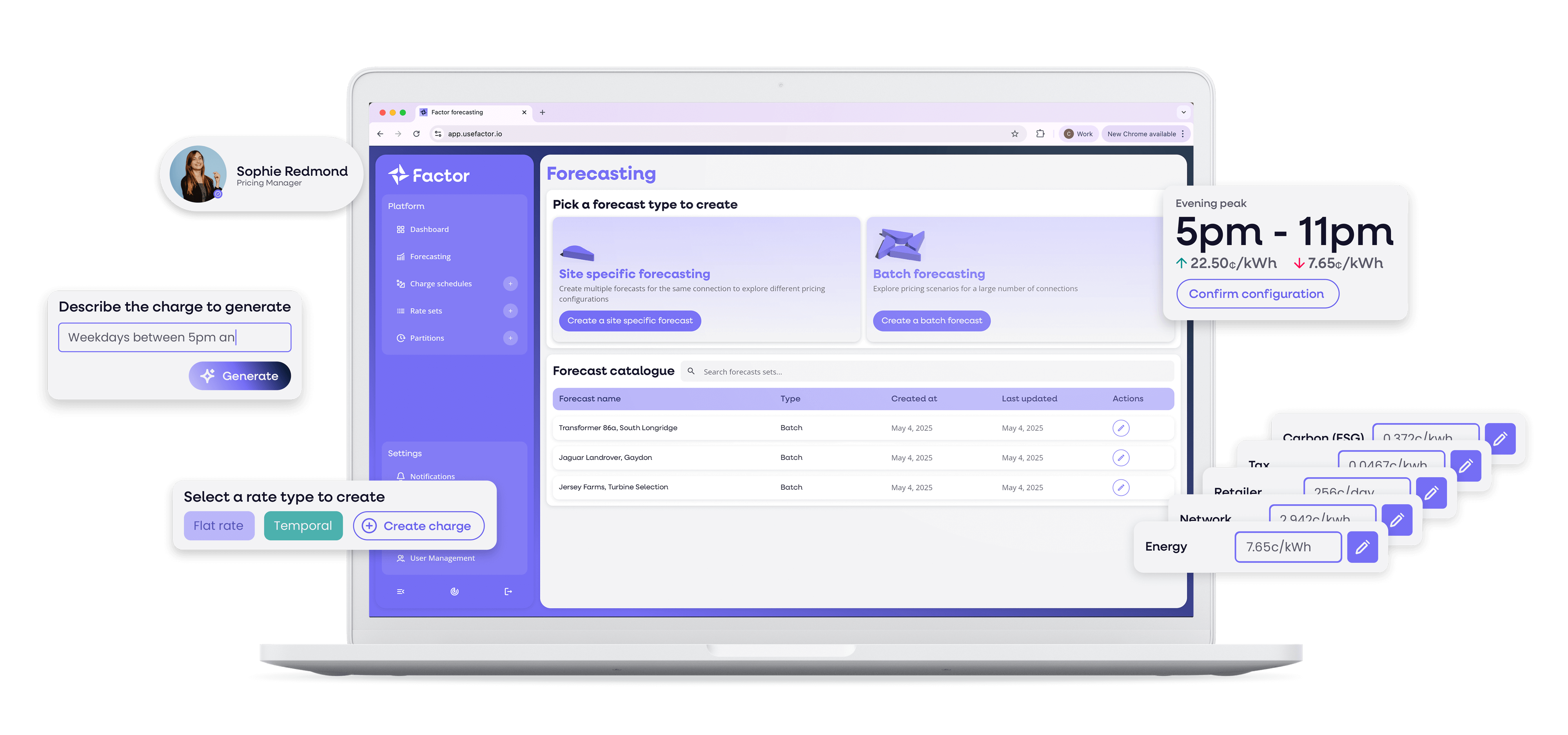 User interface of Factor software on laptop with interface components floating around it