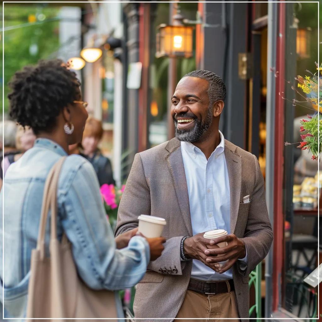 Local business owner engaging with customers in a vibrant neighborhood, illustrating the impact of local SEO services