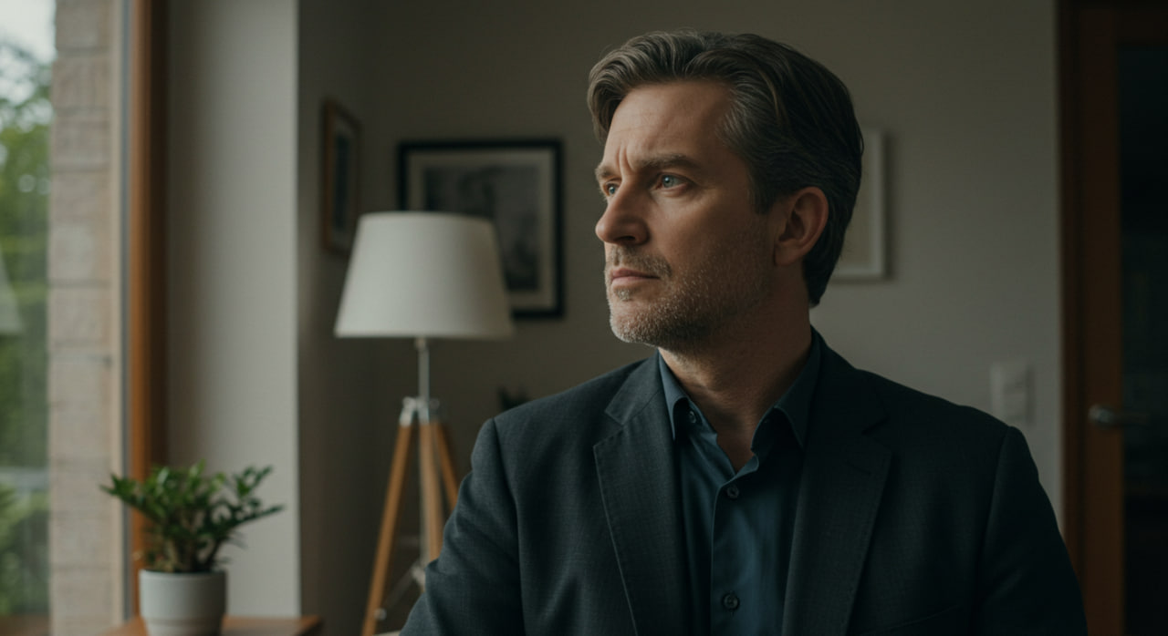 Authentic photo of a sharp, focused man in his 40s, looking like a high-performing executive or athlete.