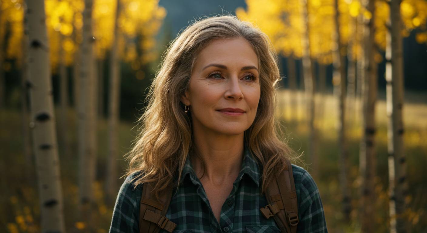  Authentic photo of a vibrant, confident woman in her late 40s/early 50s, looking calm and energetic.