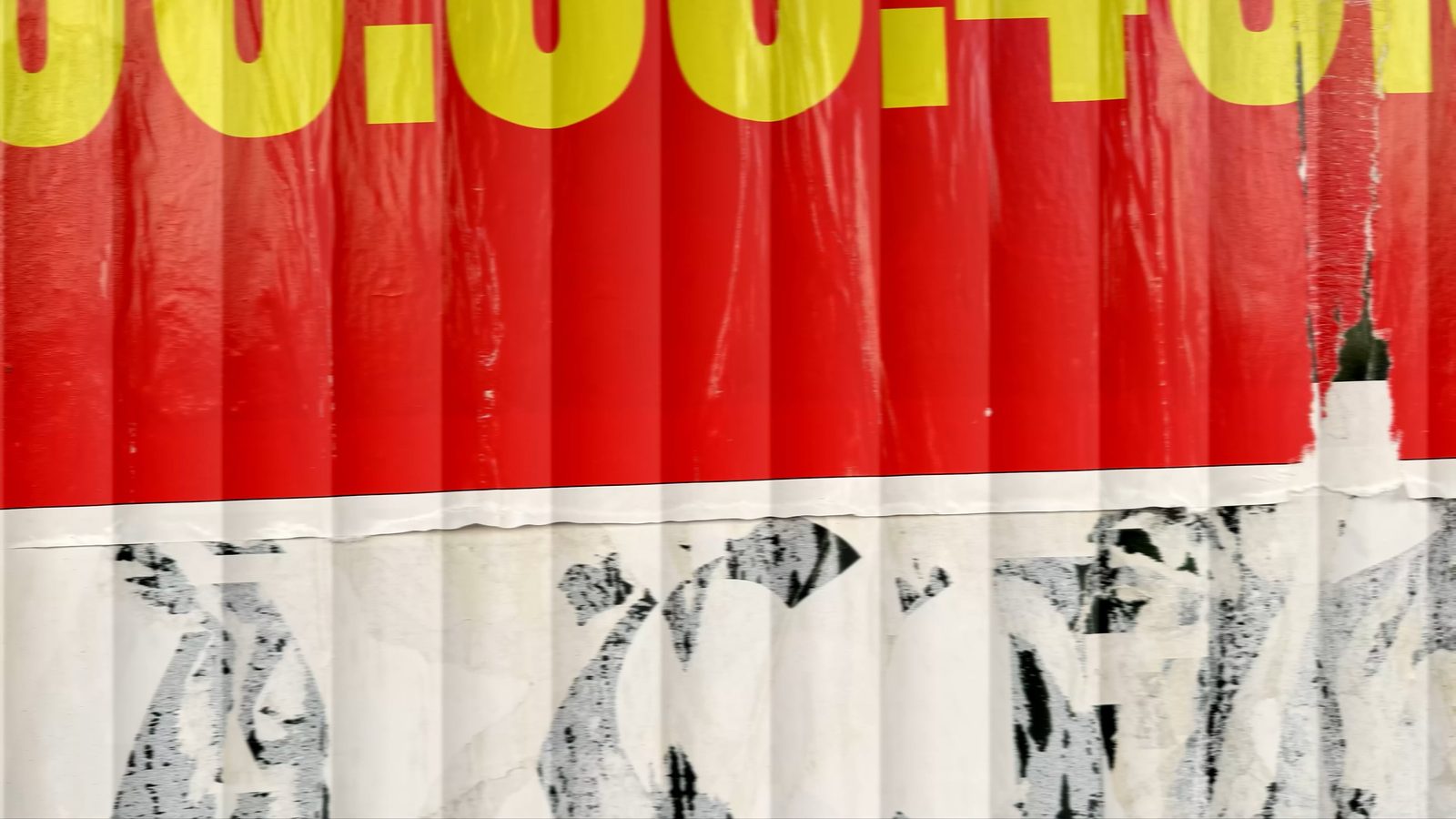 Torn red and white street poster texture with bold yellow numbers, from the Identity Start motion graphics reel