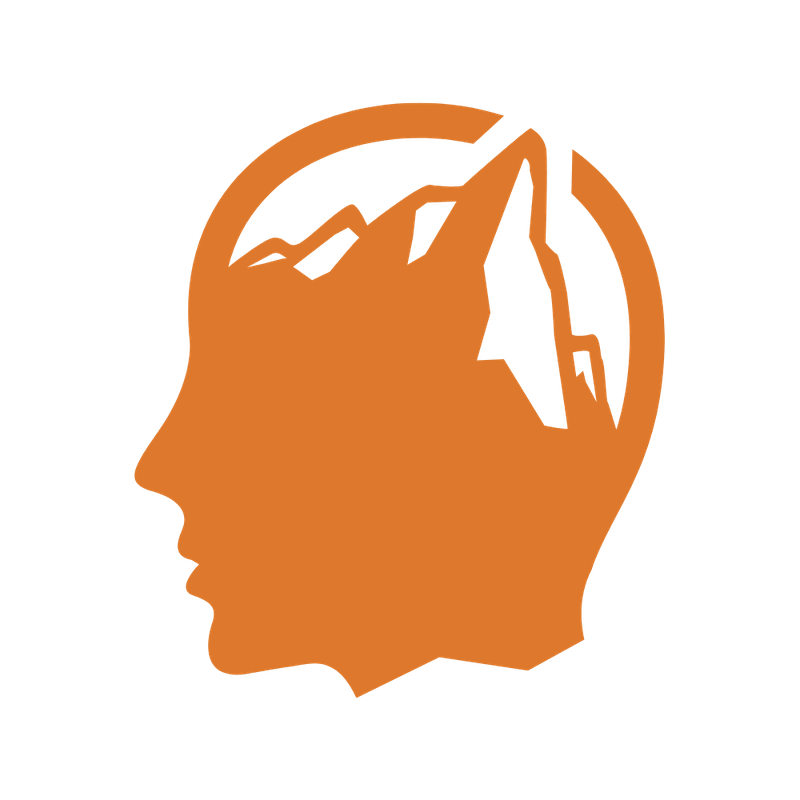 Orange silhouette of a human head in profile with stylized mountain peaks inside.