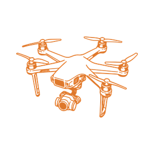 Orange line drawing of a quadcopter drone with a camera.