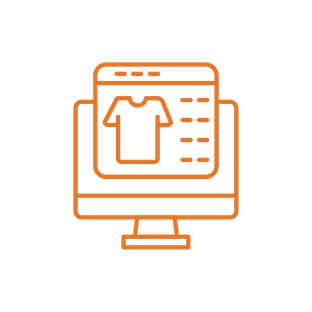 Orange line icon of a desktop computer displaying a clothing item webpage with a t-shirt and menu options.
