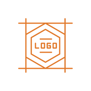 Orange hexagon outline with the word 'LOGO' inside and surrounding design grid lines.