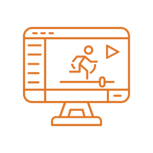 Orange line icon of a computer monitor displaying a video player with a running person symbol, a play button, and a progress slider.