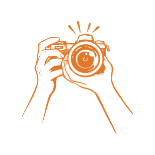 Illustration of hands holding a camera with a flash activated, drawn in orange lines.