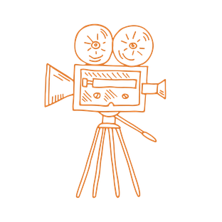 Orange line drawing of a vintage film camera on a tripod.