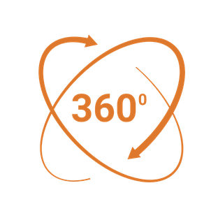 Orange 360 degrees icon with two curved arrows forming a circular motion around the number 360.